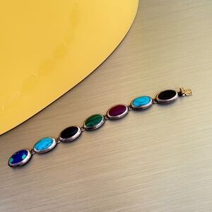 Mexico 925 Sterling Silver Gemstone Link Bracelet Vintage